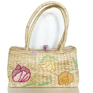 Sequin and Bead Embellished Floral Straw Purse Handbag